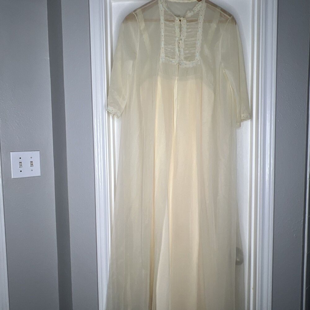 Vintage Sears 1950’s Chiffon Lingerie Peignoir Set Sheer 2 Pc Cream Sz 36 M Lace